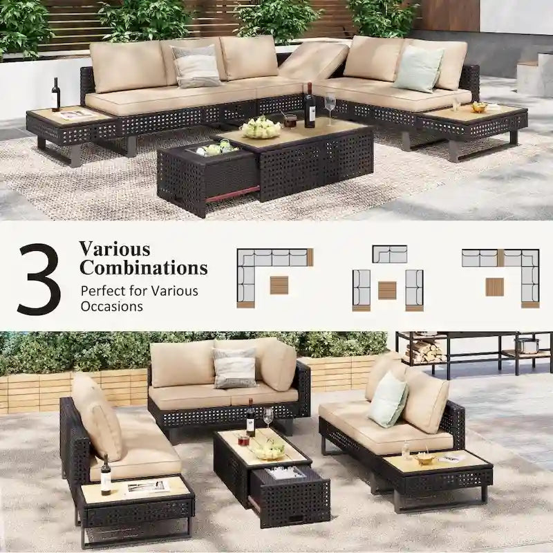 Ensemble de meubles de patio sectionnels tressés 5 pièces avec table basse extensible et seau à glace