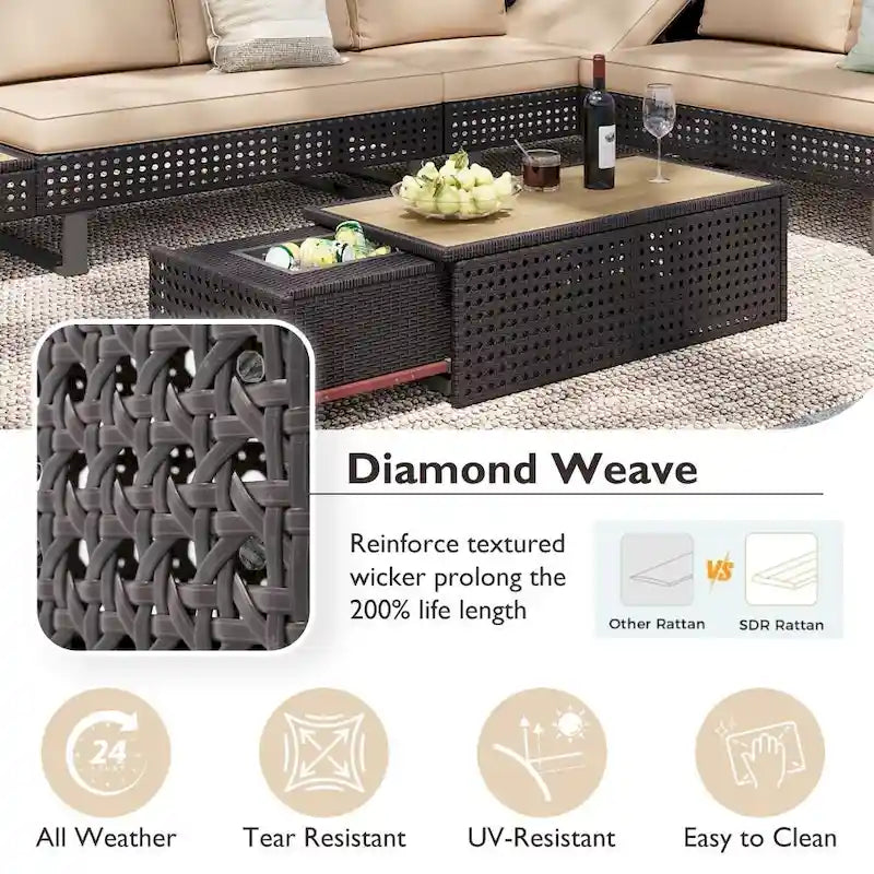 Ensemble de meubles de patio sectionnels tressés 5 pièces avec table basse extensible et seau à glace