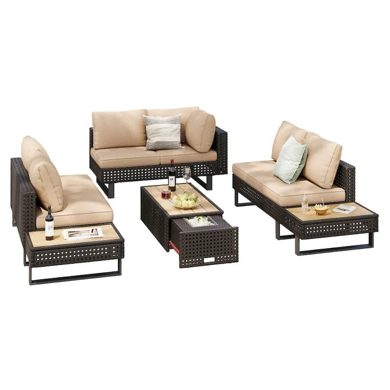 Ensemble de meubles de patio sectionnels tressés 5 pièces avec table basse extensible et seau à glace
