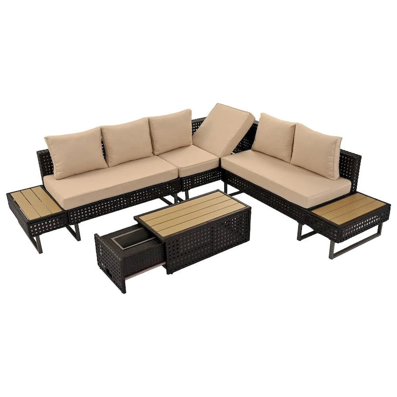 Ensemble de meubles de patio sectionnels tressés 5 pièces avec table basse extensible et seau à glace