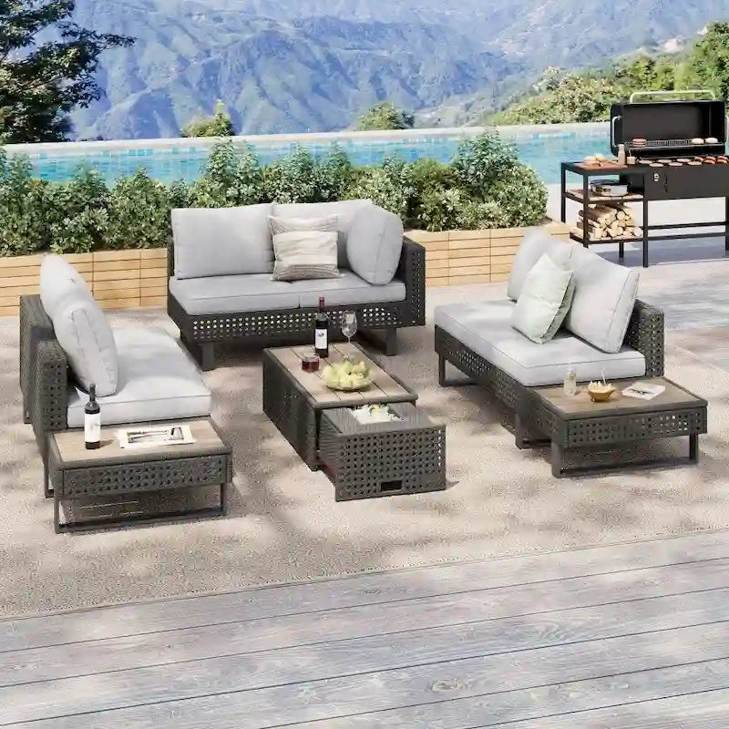 Ensemble de meubles de patio sectionnels tressés 5 pièces avec table basse extensible et seau à glace