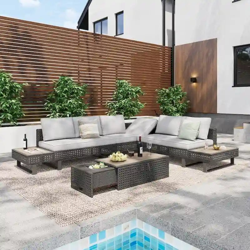 Ensemble de meubles de patio sectionnels tressés 5 pièces avec table basse extensible et seau à glace