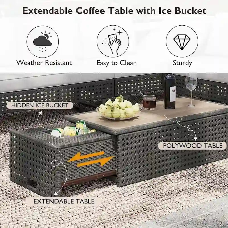 Ensemble de meubles de patio sectionnels tressés 5 pièces avec table basse extensible et seau à glace