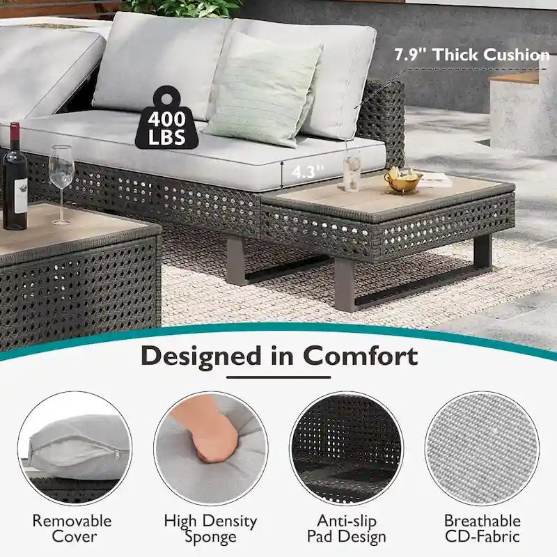 Ensemble de meubles de patio sectionnels tressés 5 pièces avec table basse extensible et seau à glace