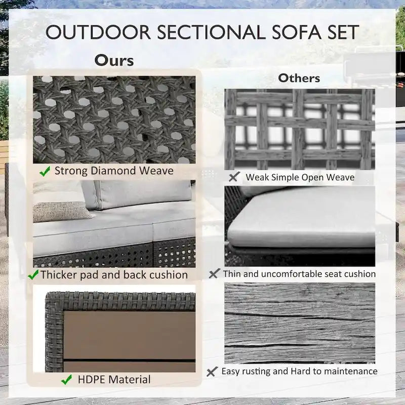 Ensemble de meubles de patio sectionnels tressés 5 pièces avec table basse extensible et seau à glace