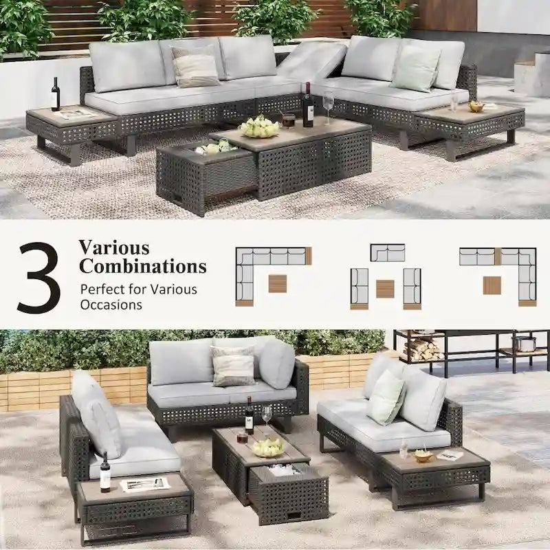 Ensemble de meubles de patio sectionnels tressés 5 pièces avec table basse extensible et seau à glace