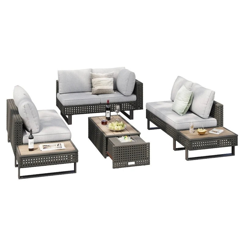 Ensemble de meubles de patio sectionnels tressés 5 pièces avec table basse extensible et seau à glace