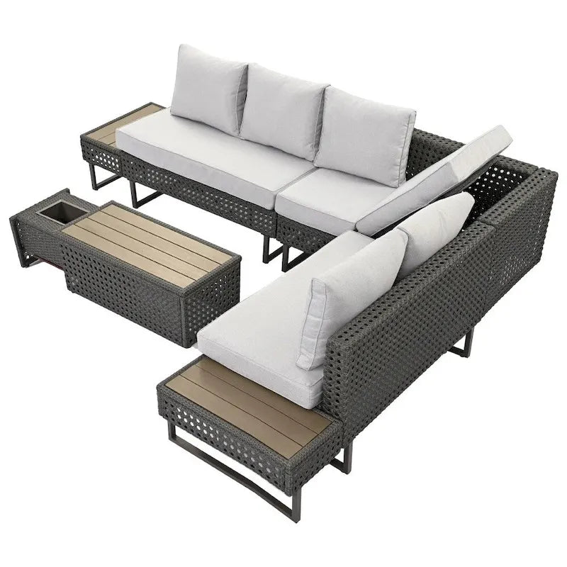 Ensemble de meubles de patio sectionnels tressés 5 pièces avec table basse extensible et seau à glace