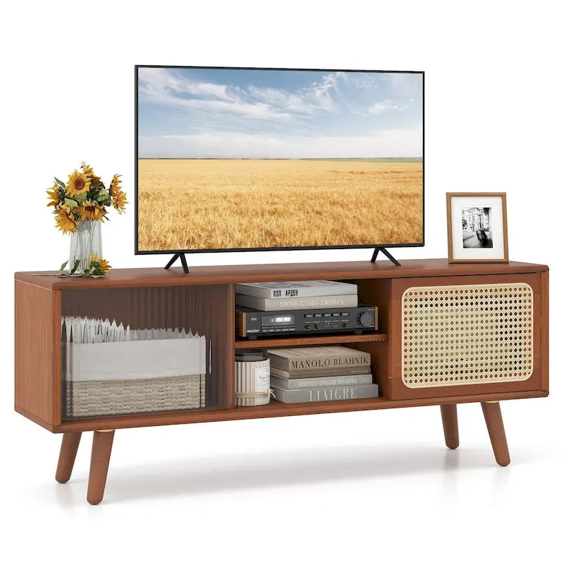 Meuble TV moderne Costway Console de divertissement avec rotin
