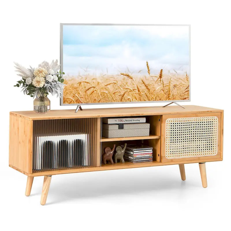 Meuble TV moderne Costway Console de divertissement avec rotin