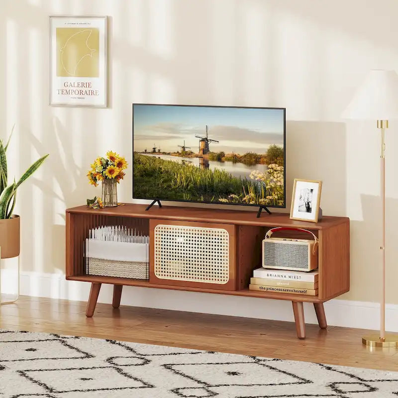 Meuble TV moderne Costway Console de divertissement avec rotin