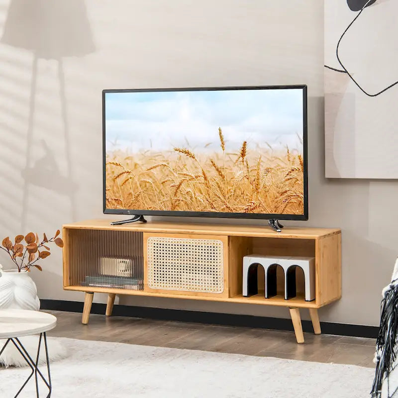 Meuble TV moderne Costway Console de divertissement avec rotin