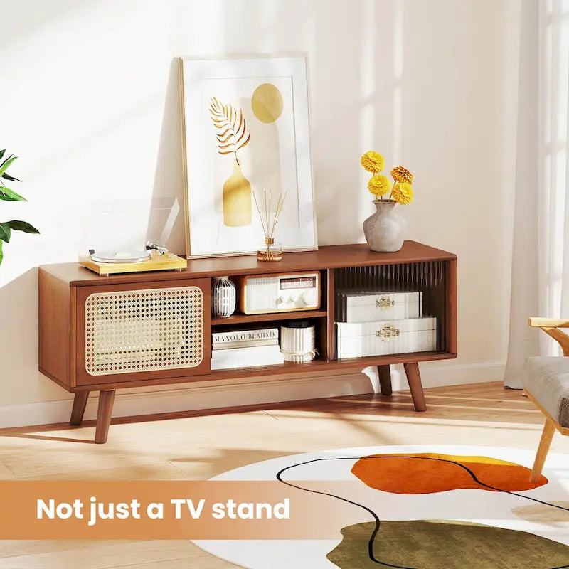 Meuble TV moderne Costway Console de divertissement avec rotin