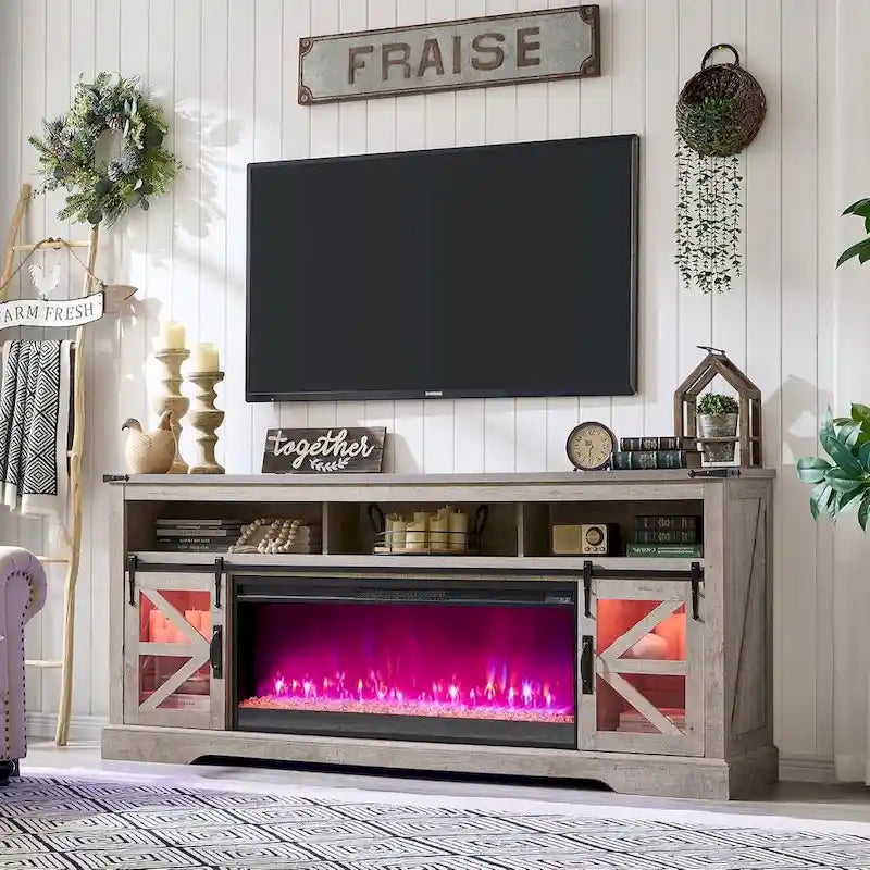 Meuble TV de cheminée de ferme pour téléviseur de 80 pouces, centre de divertissement rustique