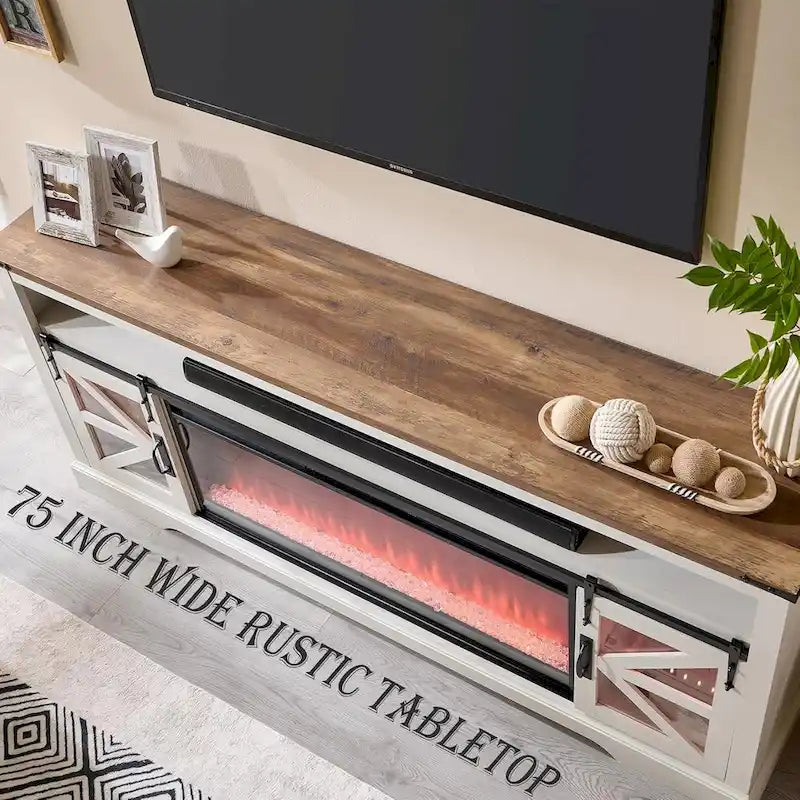 Meuble TV de cheminée de ferme pour téléviseur de 80 pouces, centre de divertissement rustique