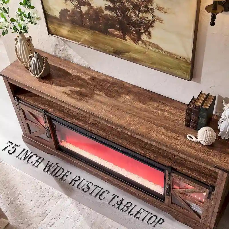 Meuble TV de cheminée de ferme pour téléviseur de 80 pouces, centre de divertissement rustique