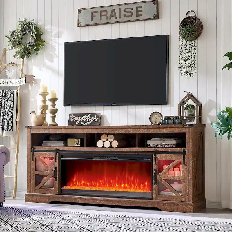 Meuble TV de cheminée de ferme pour téléviseur de 80 pouces, centre de divertissement rustique