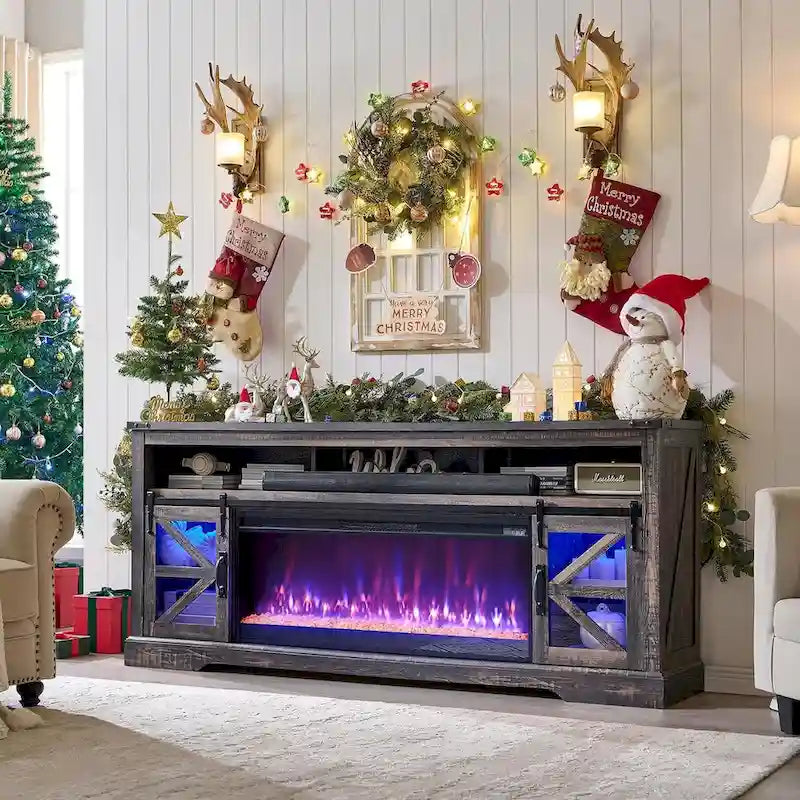 Meuble TV de cheminée de ferme pour téléviseur de 80 pouces, centre de divertissement rustique