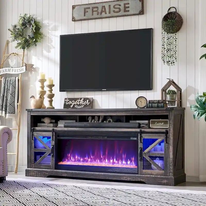 Meuble TV de cheminée de ferme pour téléviseur de 80 pouces, centre de divertissement rustique