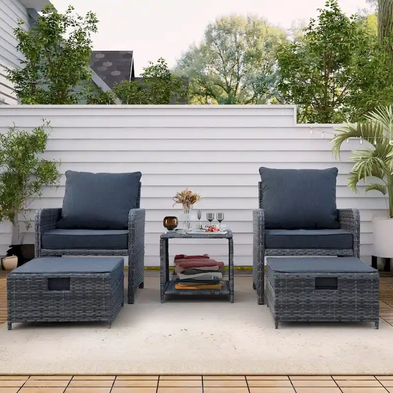 5 Pieces Wicker Patio Set - Chairs with Ottomans & Coffee Table for Poolside, Garden, Balcony