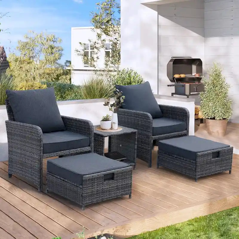 Ensemble de patio en osier 5 pièces - Chaises avec poufs et table basse pour piscine, jardin, balcon