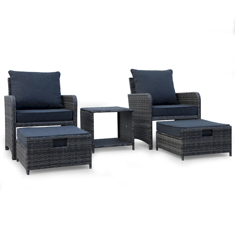 Ensemble de patio en osier 5 pièces - Chaises avec poufs et table basse pour piscine, jardin, balcon