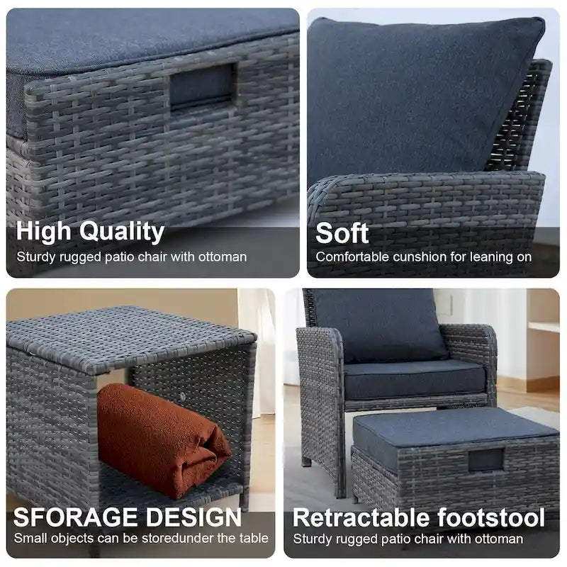 Ensemble de patio en osier 5 pièces - Chaises avec poufs et table basse pour piscine, jardin, balcon