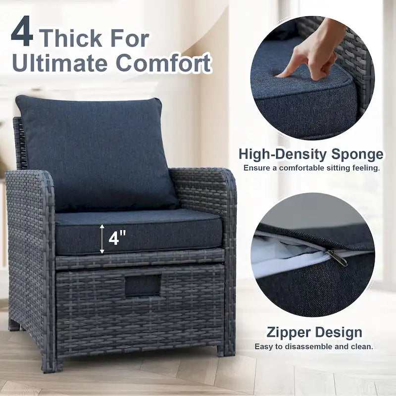 Ensemble de patio en osier 5 pièces - Chaises avec poufs et table basse pour piscine, jardin, balcon