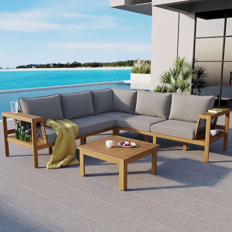 Ensemble de canapés de jardin 4 pièces en bois d'acacia, canapé de terrasse en forme de L avec table basse, ensemble de conversation avec coussins