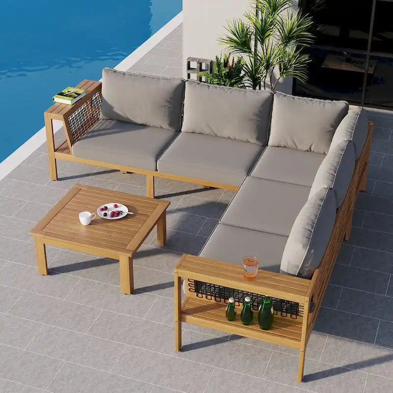 Ensemble de canapés de jardin 4 pièces en bois d'acacia, canapé de terrasse en forme de L avec table basse, ensemble de conversation avec coussins