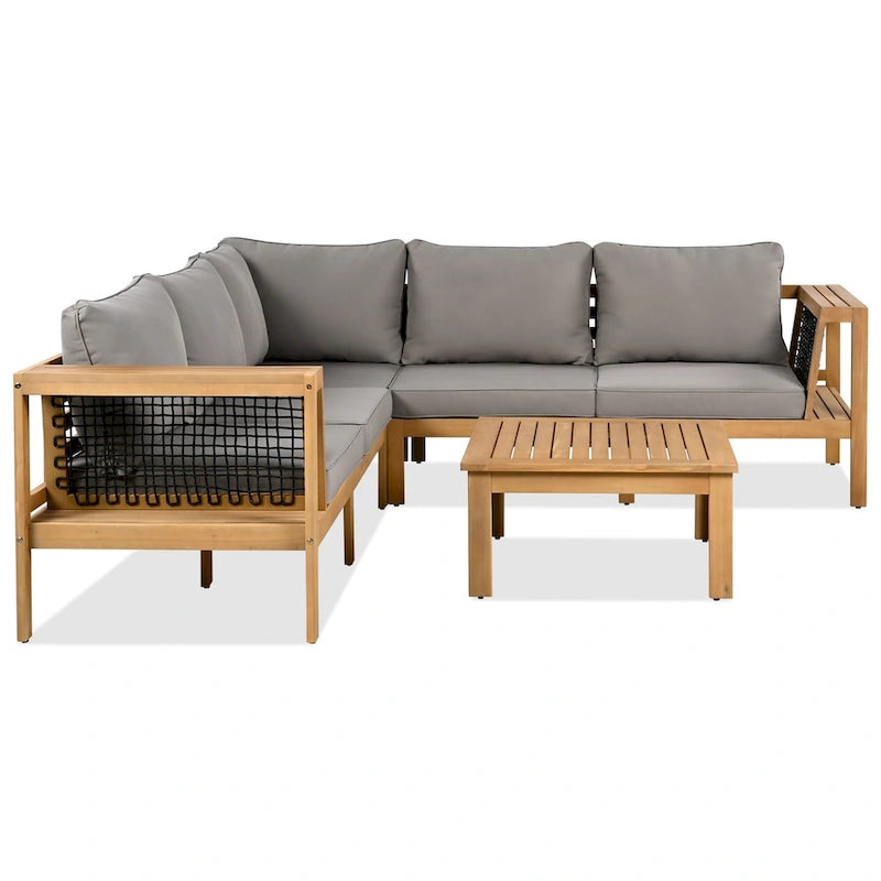 Ensemble de canapés de jardin 4 pièces en bois d'acacia, canapé de terrasse en forme de L avec table basse, ensemble de conversation avec coussins