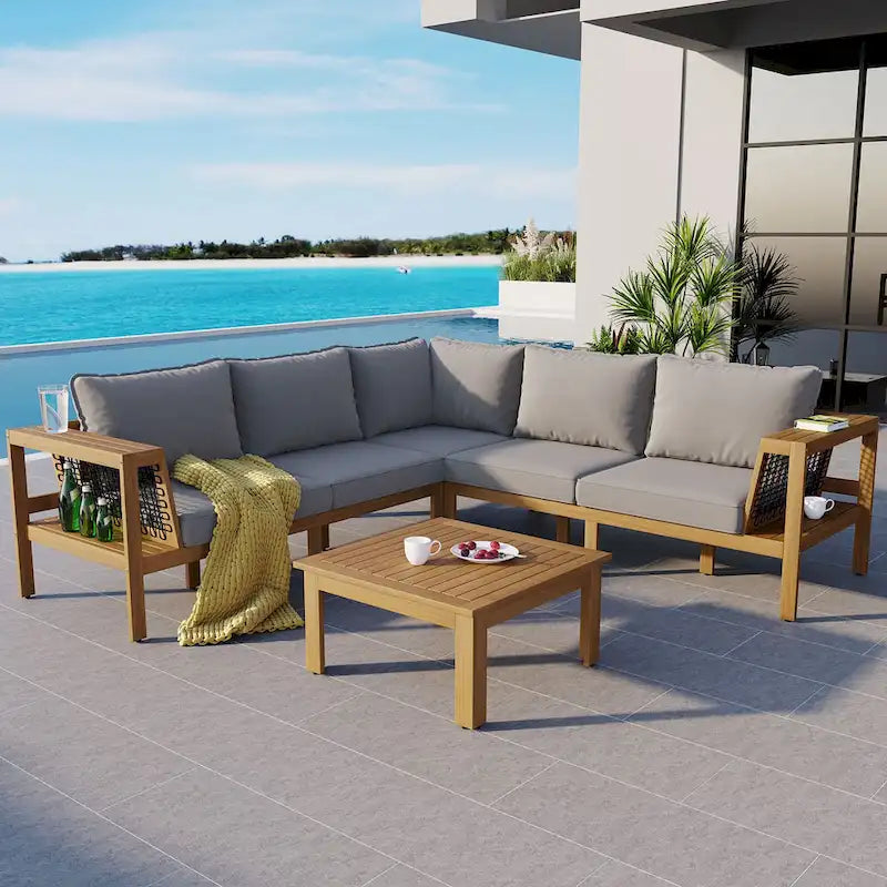 Ensemble de canapés de jardin 4 pièces en bois d'acacia, canapé de terrasse en forme de L avec table basse, ensemble de conversation avec coussins