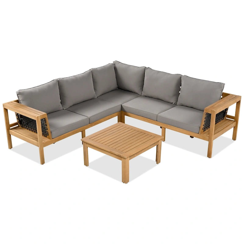 Ensemble de canapés de jardin 4 pièces en bois d'acacia, canapé de terrasse en forme de L avec table basse, ensemble de conversation avec coussins