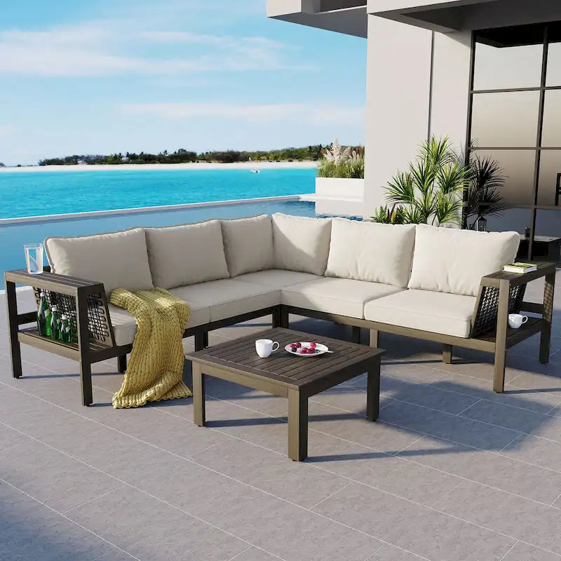 Ensemble de canapés de jardin 4 pièces en bois d'acacia, canapé de terrasse en forme de L avec table basse, ensemble de conversation avec coussins