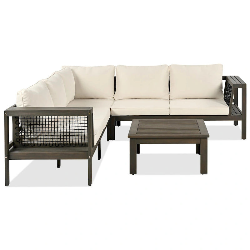 Ensemble de canapés de jardin 4 pièces en bois d'acacia, canapé de terrasse en forme de L avec table basse, ensemble de conversation avec coussins
