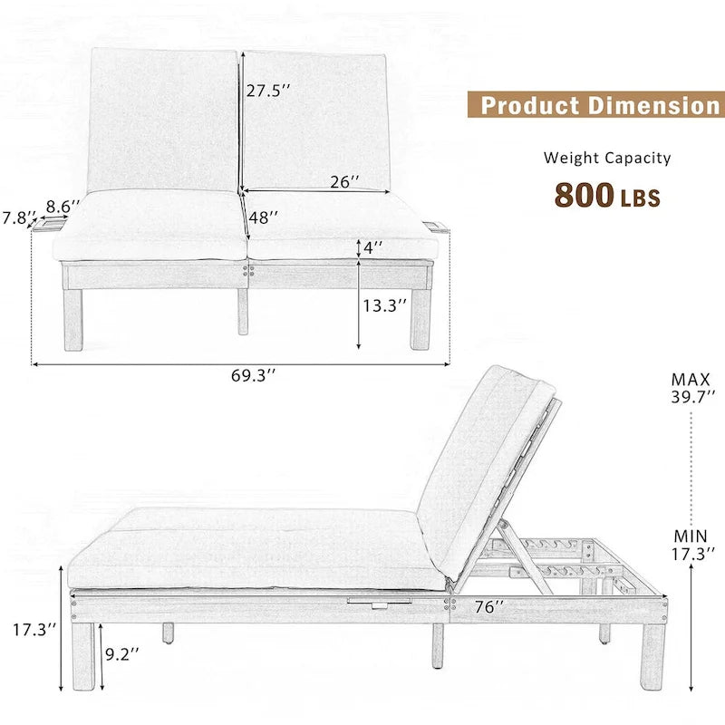 Chaise longue à 2 positions réglables, plateaux pliants pour la piscine, le patio