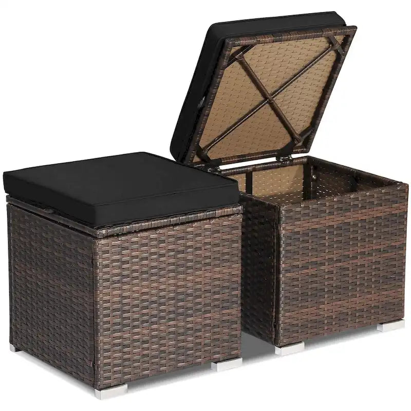 Gymax 2 tabourets ottomans en rotin avec rangement et repose-pieds