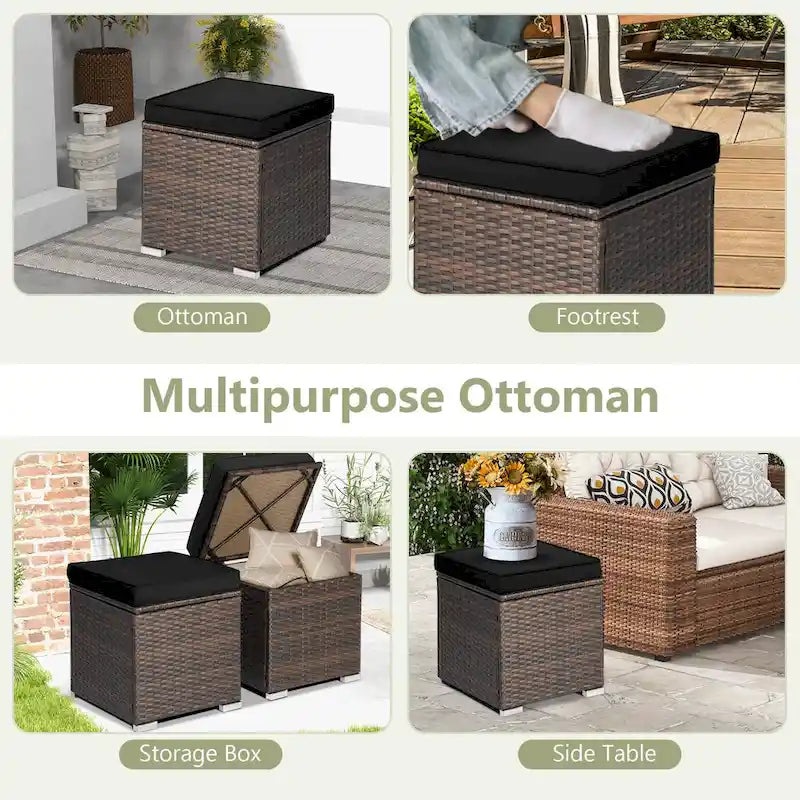 Gymax 2 tabourets ottomans en rotin avec rangement et repose-pieds