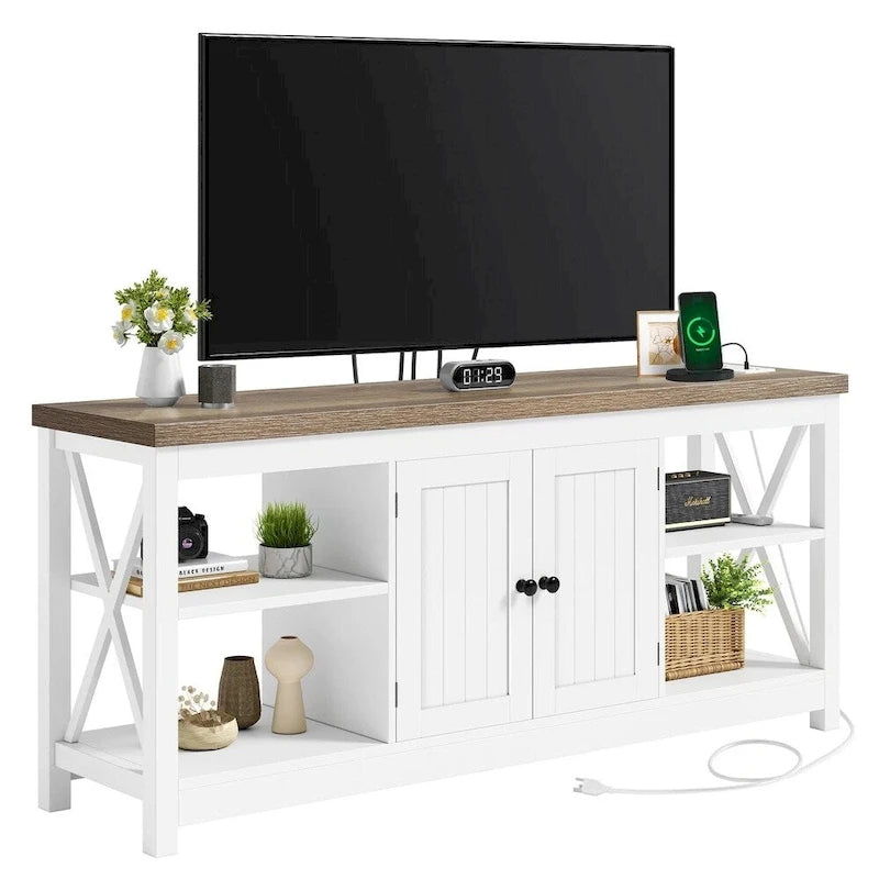 Meuble TV pour téléviseur 65/60/55 avec prises électriques Blanc et beige - 58 pouces