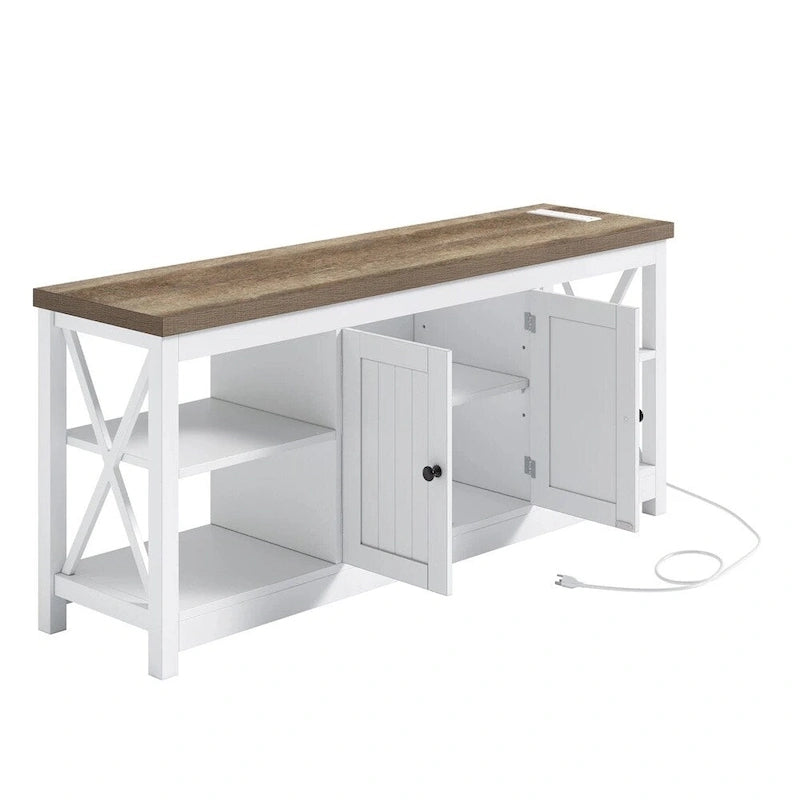 Meuble TV pour téléviseur 65/60/55 avec prises électriques Blanc et beige - 58 pouces