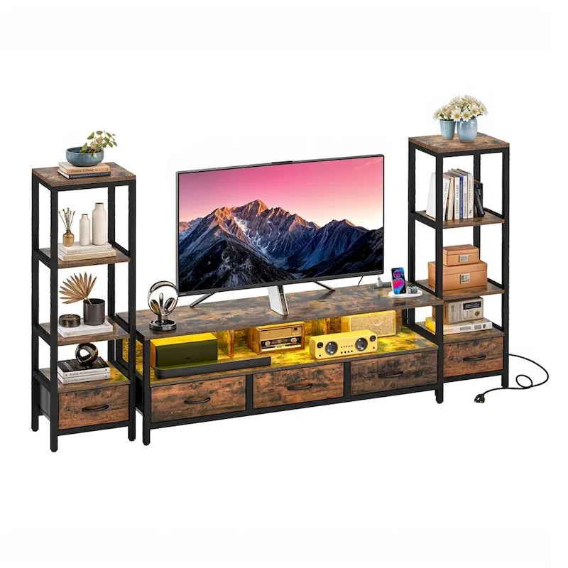 Meuble TV LED de 147 cm (58 po) pour téléviseurs de 43 à 65 po avec rangement et bibliothèque à 4 niveaux, brun rustique