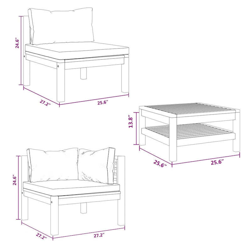 Ensemble de canapé modulaire d'extérieur 6 pièces, coussins crème, bois d'acacia massif marron