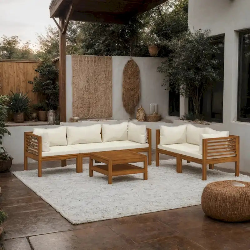 Ensemble de canapé modulaire d'extérieur 6 pièces, coussins crème, bois d'acacia massif marron