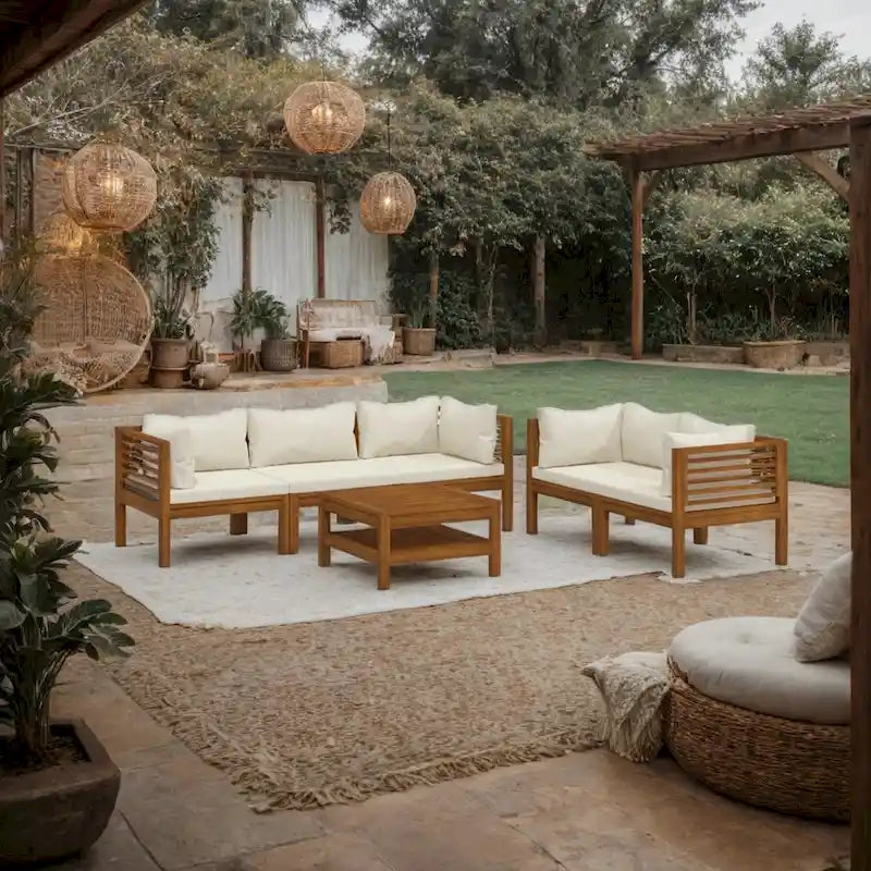 Ensemble de canapé modulaire d'extérieur 6 pièces, coussins crème, bois d'acacia massif marron