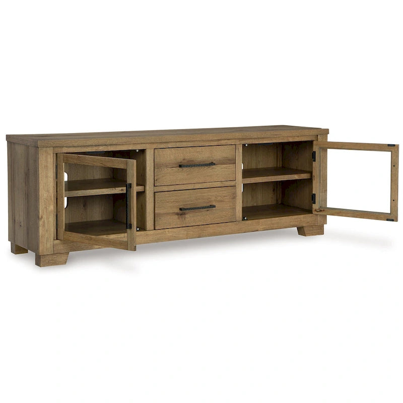 Meuble TV Galli, 2 tiroirs, 4 étagères, Bois brun, 80 pouces