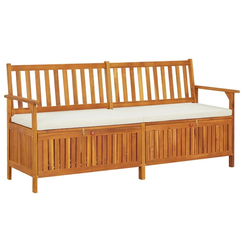 Outdoor Storage Bench, White Fabric Cushion, 66 Inch Brown Acacia Wood