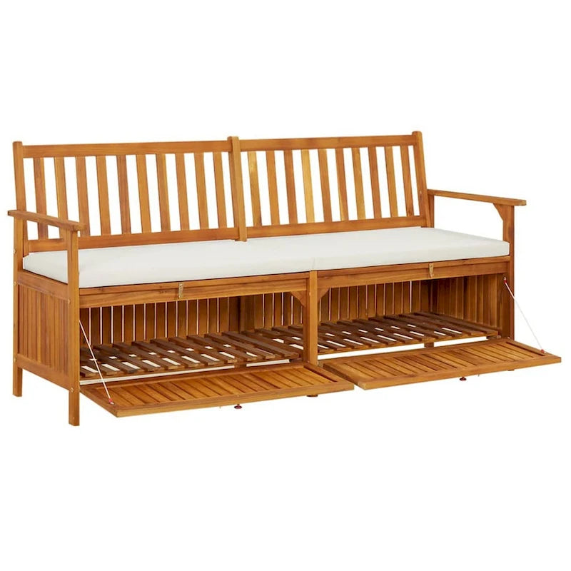 Banc de rangement extérieur, coussin en tissu blanc, bois d'acacia brun de 66 pouces