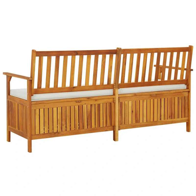 Banc de rangement extérieur, coussin en tissu blanc, bois d'acacia brun de 66 pouces