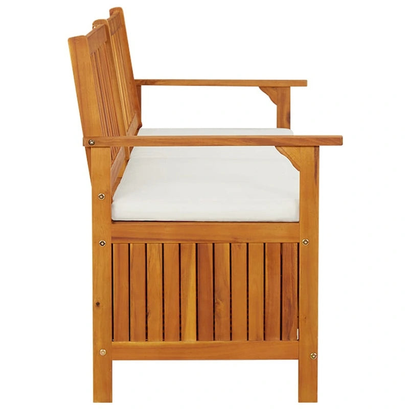 Banc de rangement extérieur, coussin en tissu blanc, bois d'acacia brun de 66 pouces
