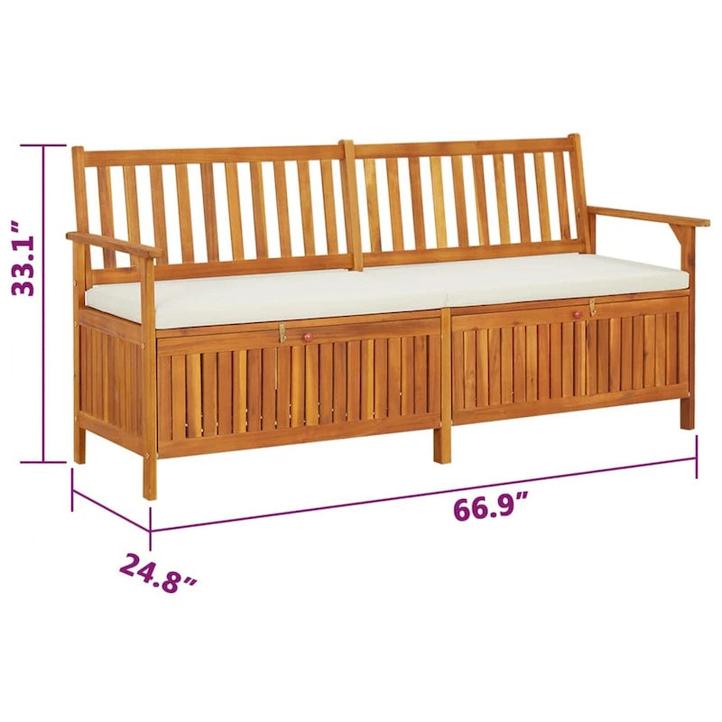 Banc de rangement extérieur, coussin en tissu blanc, bois d'acacia brun de 66 pouces